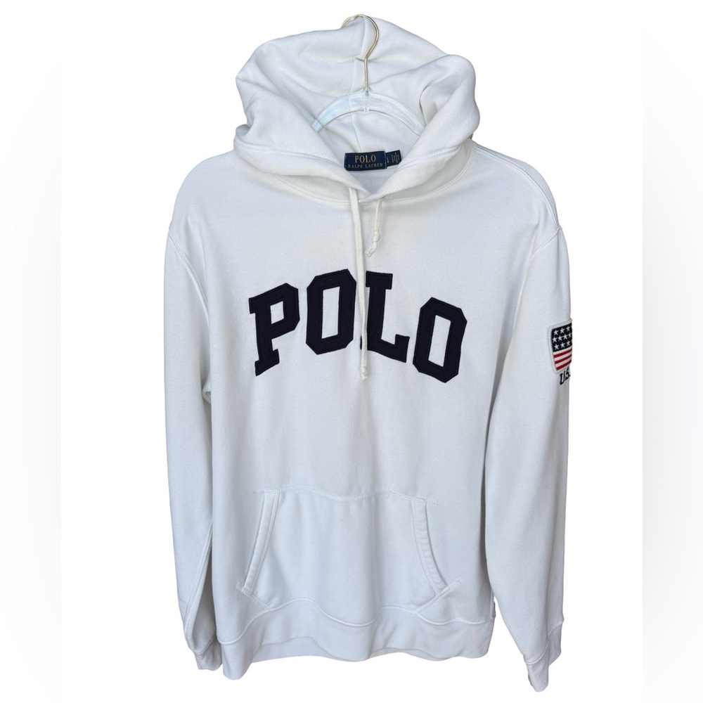 Polo Ralph Lauren White Hoodie with Navy Accents Flag on Sleeve Size Large